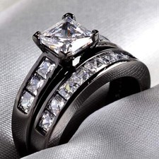 3Ct Princess Cut Lab-Created Diamond Wedding Bridal Ring Set 14K Black Gold Over
