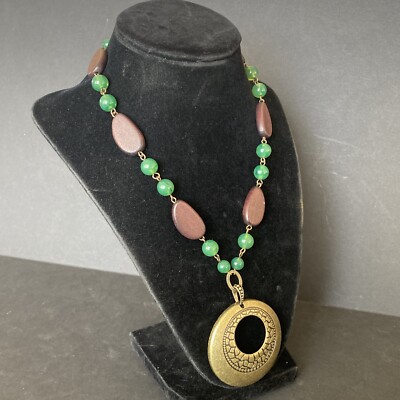 Vintage SAQ Wood Beads Green Glass Beaded Necklace Gold Toned Circle Pendant 21''