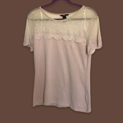 H&M Stretchy Tee Women's Sz Large Sheer Scalloped Yoke and Sleeves Beige Dressy