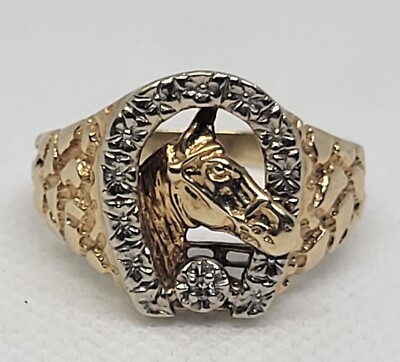 Men's 10k Yellow Gold Lucky Horseshoe Ring With Diamond Chip Size 13.5 ...