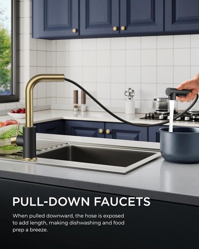 Brushed Gold Kitchen Faucet With Pull Down Sprayer - Single Handle Stainless Steel Sink Faucet, Ceramic Cartridge, Easy Install