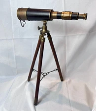 Table Top Telescope Leather Wrapped Brass Vtg Spyglass Seafaring Nautical Decor