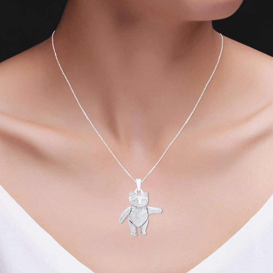 Movable Teddy Bear Pendant 18" Necklace For Womens 14K White Gold Plated Silver - Image 4 of 4