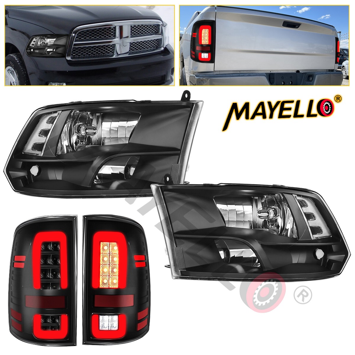 Black Headlights+LED Tail Lights 4PCS For 09-18 Ram 1500