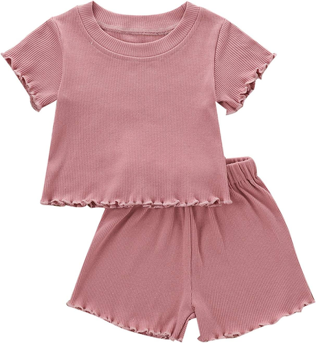 Toddler Baby Girl Summer Clothes Ruffle Ribbed Knit Short Sleeves T-Shirt Tops +