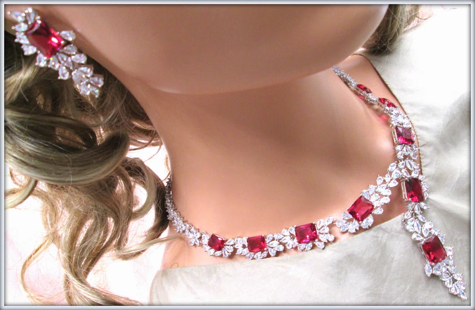 Ruby cushion cut gemstone Necklace Earrings Set For Brides And Weddings - Image 2 of 4