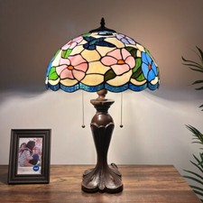 Tiffany Style Table Lamp Stained Glass Hummingbird Flowers LED Bulbs 16"W 24"H