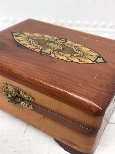 Vtg Art Nouveau MCM Jewelry Trinket Letter Cedar Wood Box Gold Inlay 5” 4” Boho