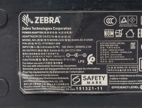 Zebra SAWA-52-312524 24V 3.125A 75W AC Adapter P1076001-006 Tested Working - 第 3/10 張圖片