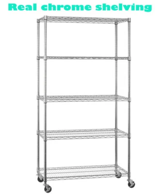 5 Tier CHROME Metal STORAGE Rack/Shelving Wire Shelf Kitchen/Garage UNIT +Wheels