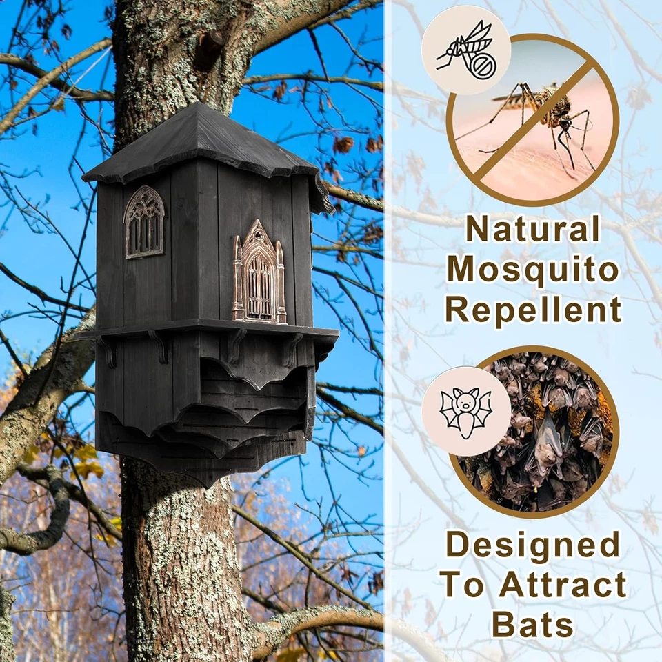 Casas de murciélagos castillo de madera extra grandes para caja de murciélagos exterior para exteriores - Cuatro cha Foto 2 de 4