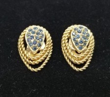 Bergere Clip-On Earring Blue Rhinestone Gold Tone Vintage Signed Marked