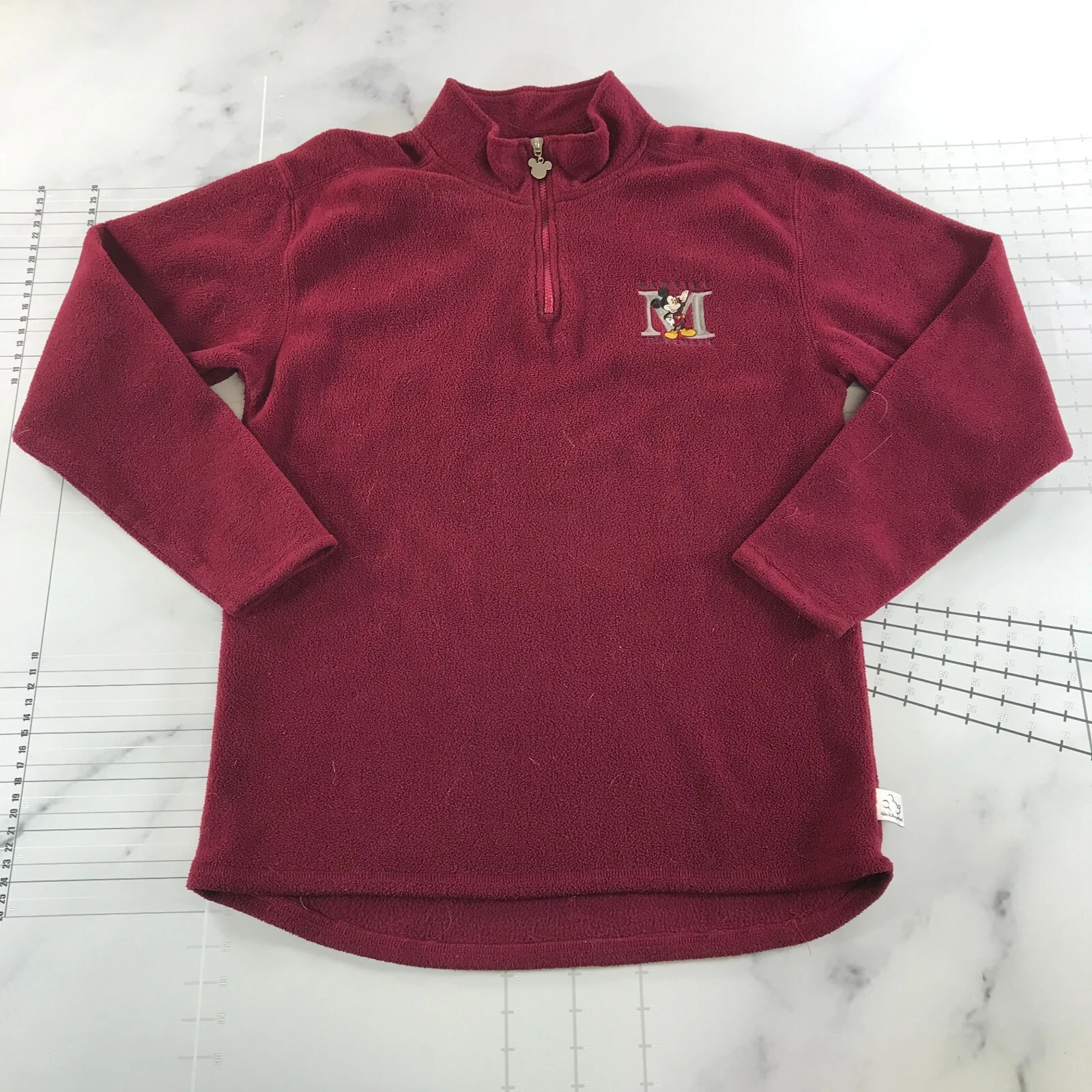 Vintage Mickey Mouse Fleece Pullover Mens Small Burgundy Red Quarter Zip Logo