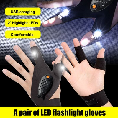Pair Finger Gloves with LED Light Flashlight Tools Outdoor Gear