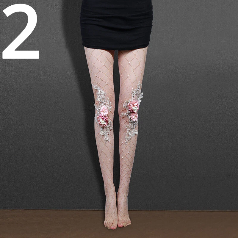 Sexy Calcetines Medias de Red Huecas Pantimedias de Red para Damas 3D Floral Estrás Foto 4 de 4