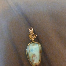 Silver Tone Wire Wrapped Oval Blue Stone Charm Pendant, Metal Stone