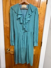 Oscar de la Renta Vintage Teal Polka Dot Ruffle Dress Belted Long Sleeve Size 10