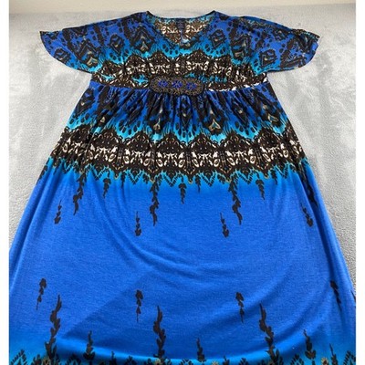 Faded Glory Blue Brown Tribal Maxi Dress Beaded Empire Waist Womens 2X 18W-20W