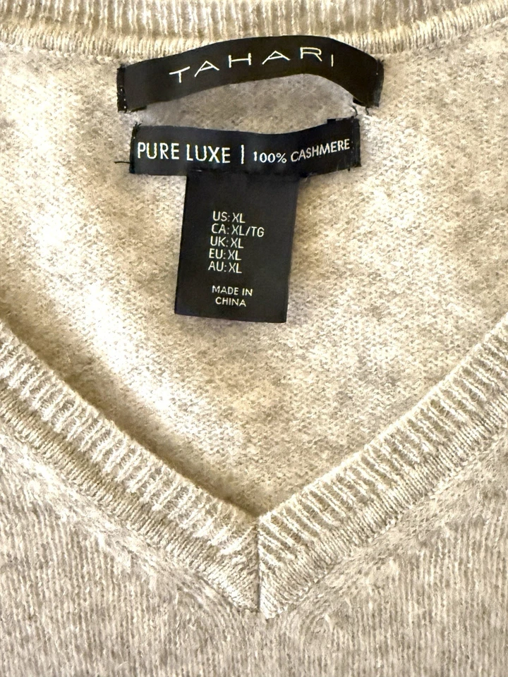 Suéter tejido Tahari gris 100 % 2 capas cachemir cuello en V para mujer talla grande Foto 3 de 4