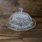 Vintage Round Prescut Butter Dish With Dome Lid, Clear Glass Scalloped Rim.