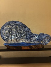 LED Artisan Twine Whale Figurine on Natural Wood Base Animal Décor Blue White