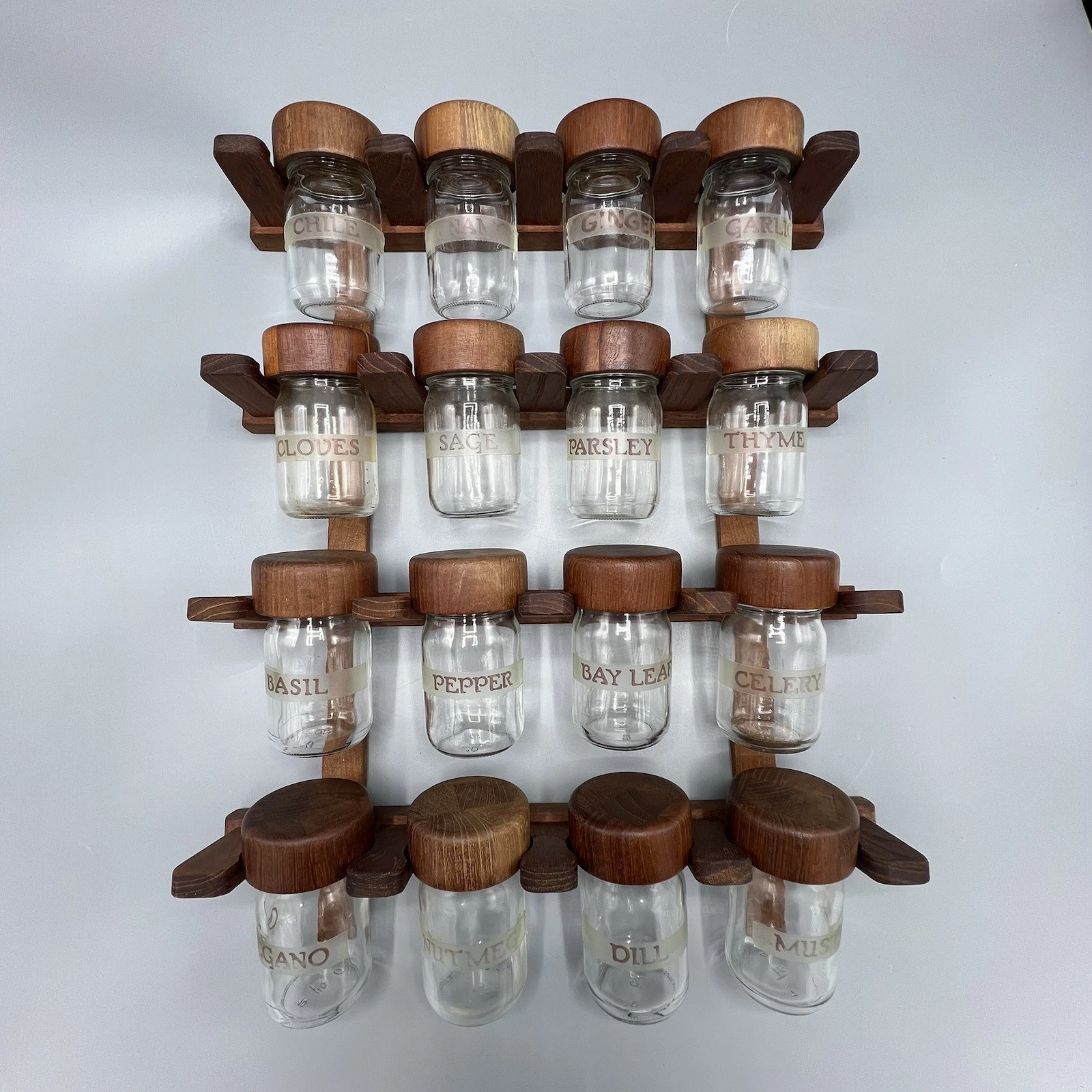MCM Vintage Denmark 16 Slot Teak Wooden Spice Rack W/ Glass Jars Danish