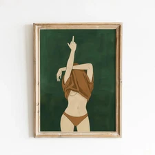 Bold Feminist Art Print – Middle Finger Woman Illustration on Green
