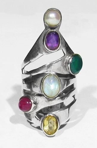 LARGE LONG Vintage Signed 925 Silver Pearl Amethyst Ruby Citrine & MORE Ring 8.5