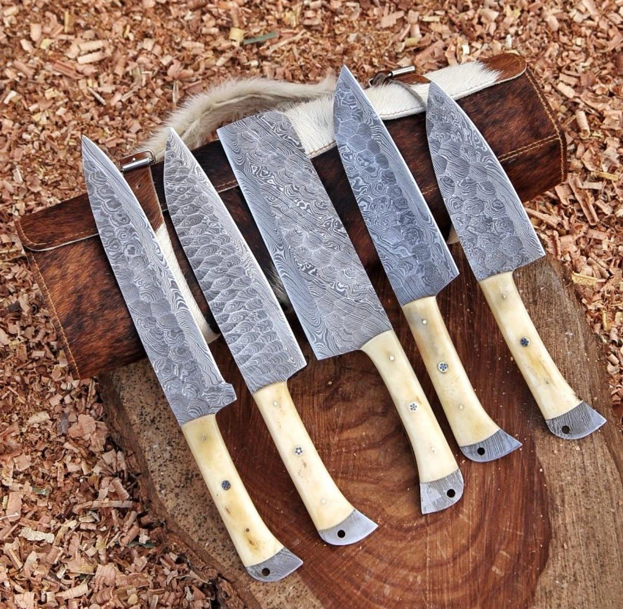 Hand Forged Damascus Steel Chef Set, Handmade Kitchen knife 5 PCS Set Leather