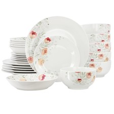Image of Elama Poppy 24 Piece Porcelain Double Bowl Dinnerware Set, Service for 6