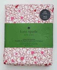 NWT Kate Spade FULL SIZE Sheet Set Outline Hearts Spades Pink Red White Cotton