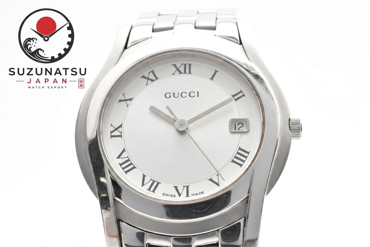 Gucci Women\'s Swiss Made Stainless Steel Silver-Tone Roman Numeral Date Quartz Gucci 5500 M Vintage Watch Steel — Black Dial Roman Numerals  main image 4
