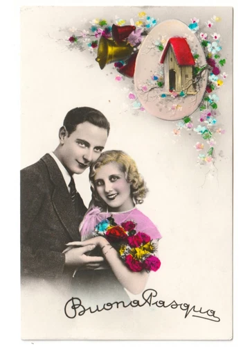 1941 Vintage Easter Card Couple In Love Bells Birdhouse
