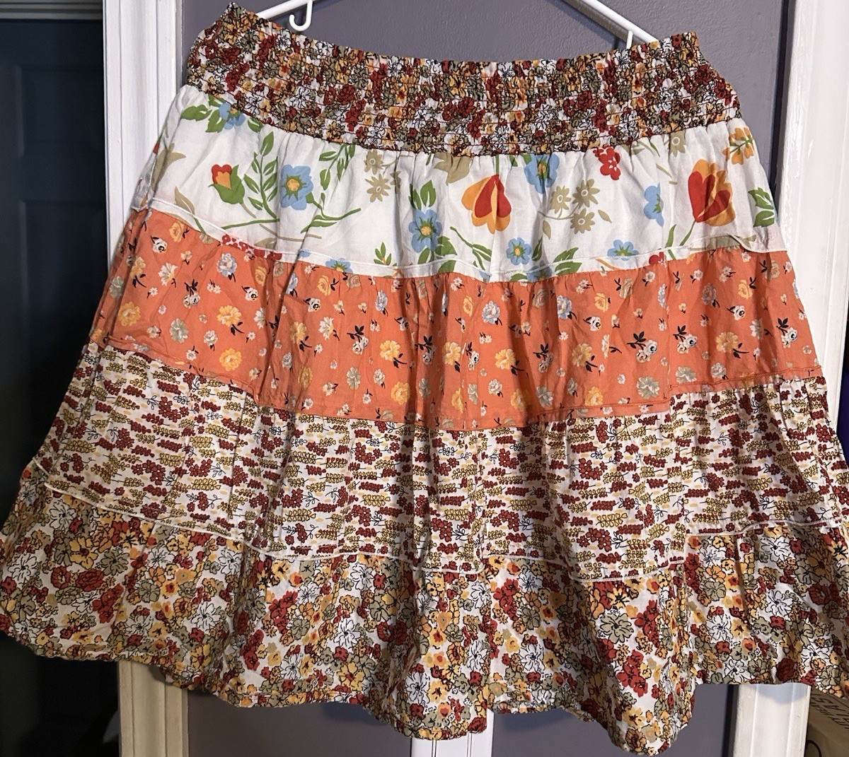Star City XL Multicolor Floral Layered A-Line Cotton Skirt Elastic Waist