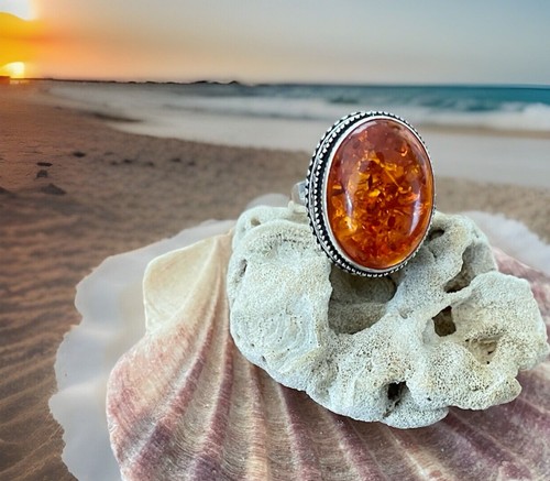 Size 7.5 Baltic Amber Ring - 925 Sterling Silver plated -New