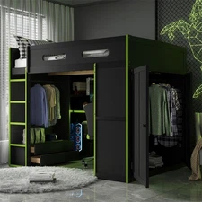 Wood Gaming Loft Bed Full Size w/Height-Adjustable Desk,Open Wardrobe,RGB Light