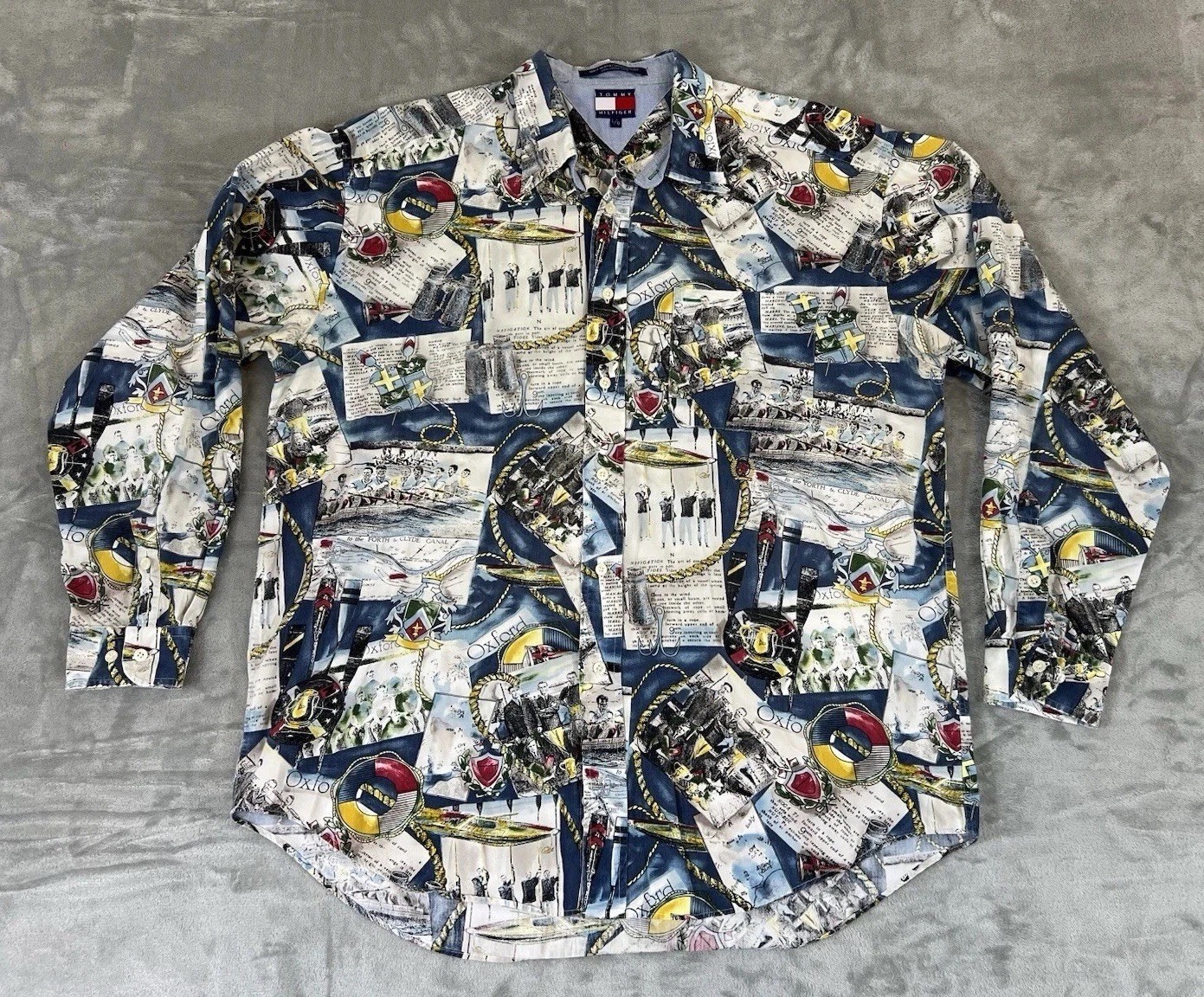FILA Vtg Tommy Hilfiger Oxford Rowing Team All Over Print L S Button Shirt Mens L