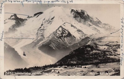 RPPC Tahoma Mount Rainier Volcano Sunrise Lodge Cabin Area Photo Postcard F35