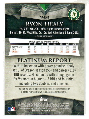 2014 Bowman Platinum AUTOGRAPH AP-RHE RYON HEALY RC Rookie ON CARD AUTO Mariners - Picture 2 of 2