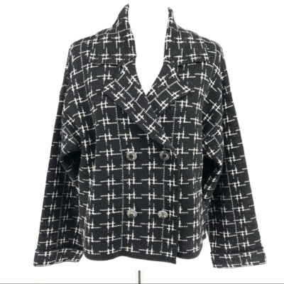 Women's Zara Black White Grid Pattern Double Breasted Knit Blazer