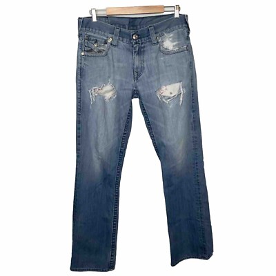 True Religion Men's Blue Denim Straight Cut Distressed Jeans Size 33