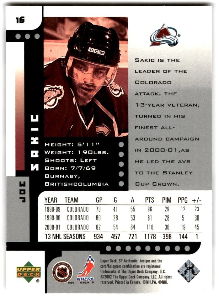 2001-02 SP Authentic Joe Sakic #16 Colorado Avalanche - Image 2 of 2