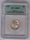 1937 Buffalo Nickel 5C + ICG + MS 65