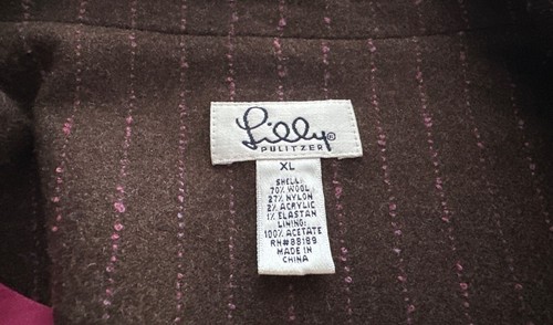 Blazer tuta Lilly Pulitzer marrone rosa spilla lana a righe completamente foderato rosa taglia XL - Foto 10 di 10