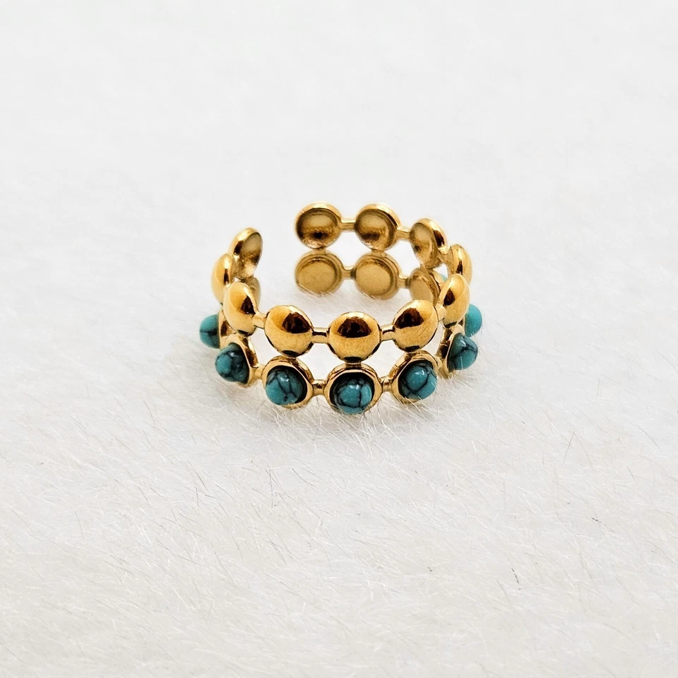 Anillo Ajustable Abierto Turquesa Doble Capa Chapado en Oro 18K, Acero Inoxidable. Foto 2 de 4