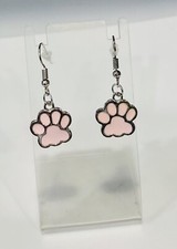 Paw Print Dangle Hook Earrings Light Pink / Silver Tone W/ Gift Box - Ships Fast