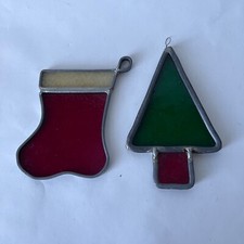 Vintage Chirstmas Set 2 Leaded Stained Glass Tree Ornaments Tree Stocking Heavy