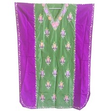 Women Boho Kaftan Purple Green Kashmiri Polysilk Shaded Embroidered Caftan L-53"