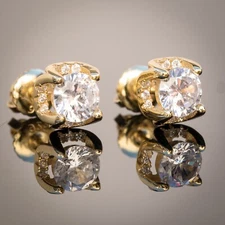 Small 14K Gold Plated 4 Prong Mens Round Cut Small Iced Stud Screw Back Earrings