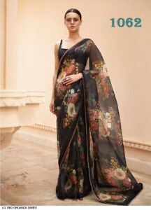 Black Printed Designer Bollywood Saree Party Wear Indian Pakistani Sari
